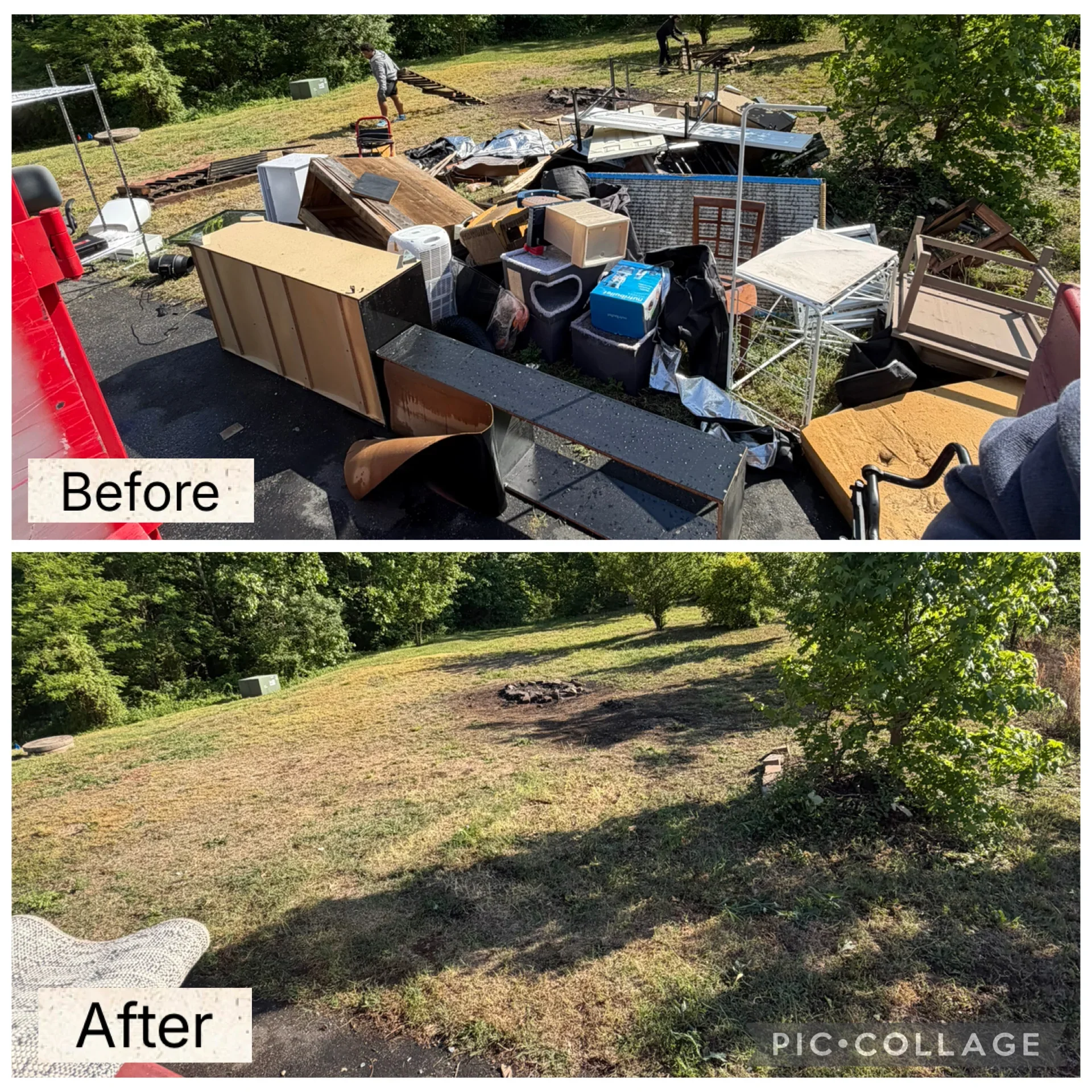 Before and after junk removal from residential yard with furniture, boxes, and debris cleared