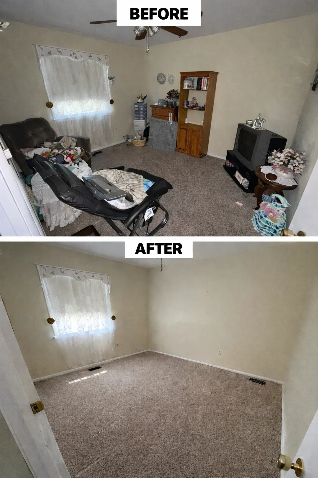 Before and after bedroom cleanout showing removal of furniture and clutter from carpeted room