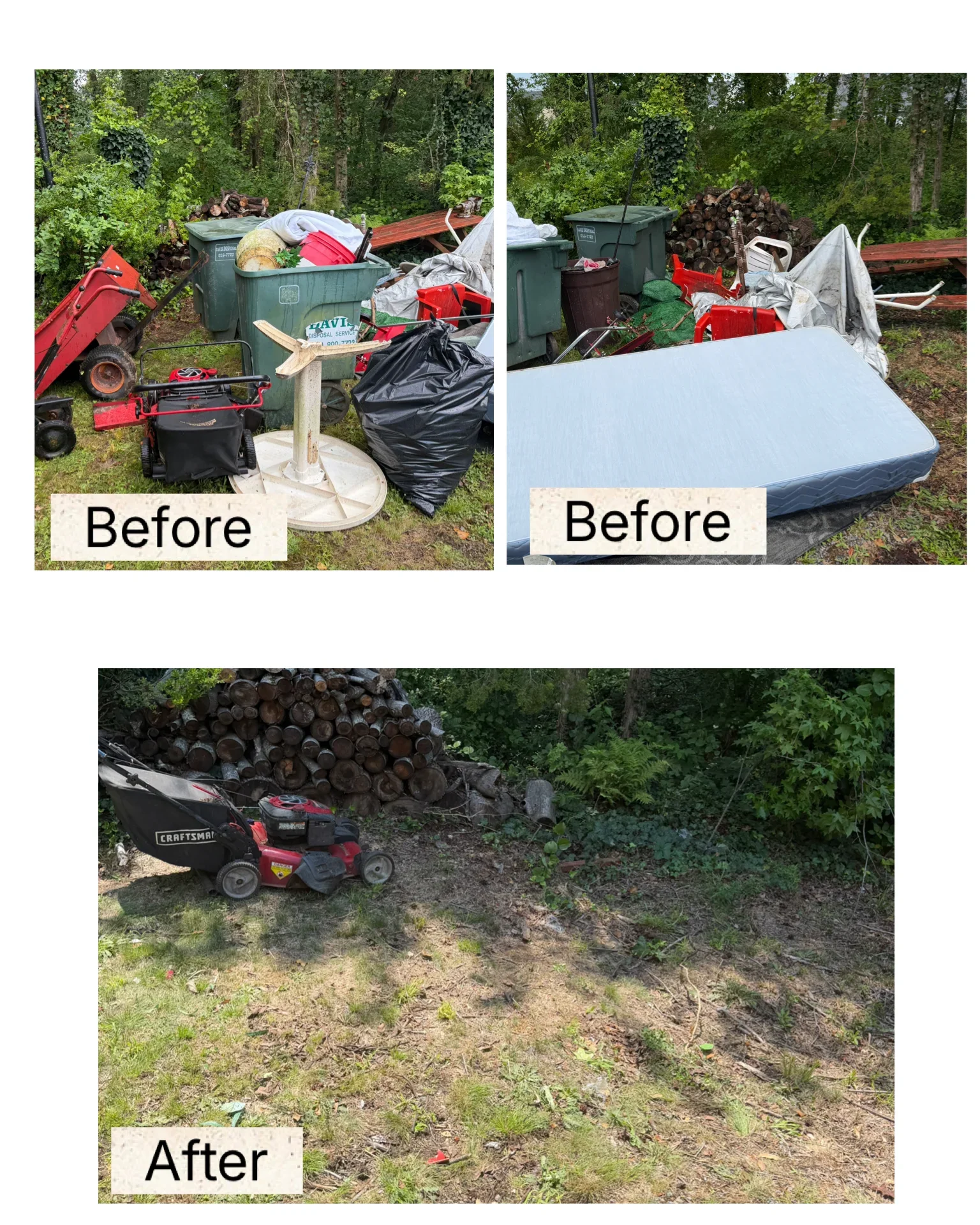 Before and after junk removal showing cluttered yard with bins and debris cleared to clean ground