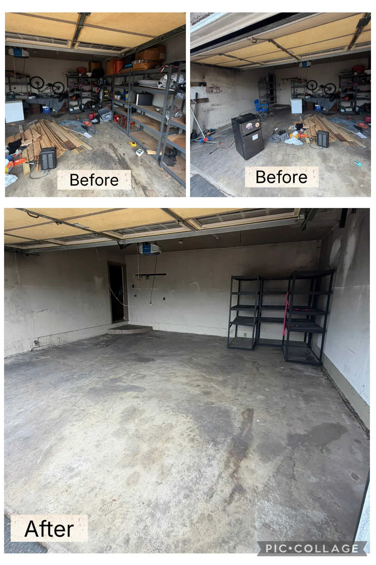 Garage before and after cleanout showing removal of clutter, shelving, and debris from concrete floor