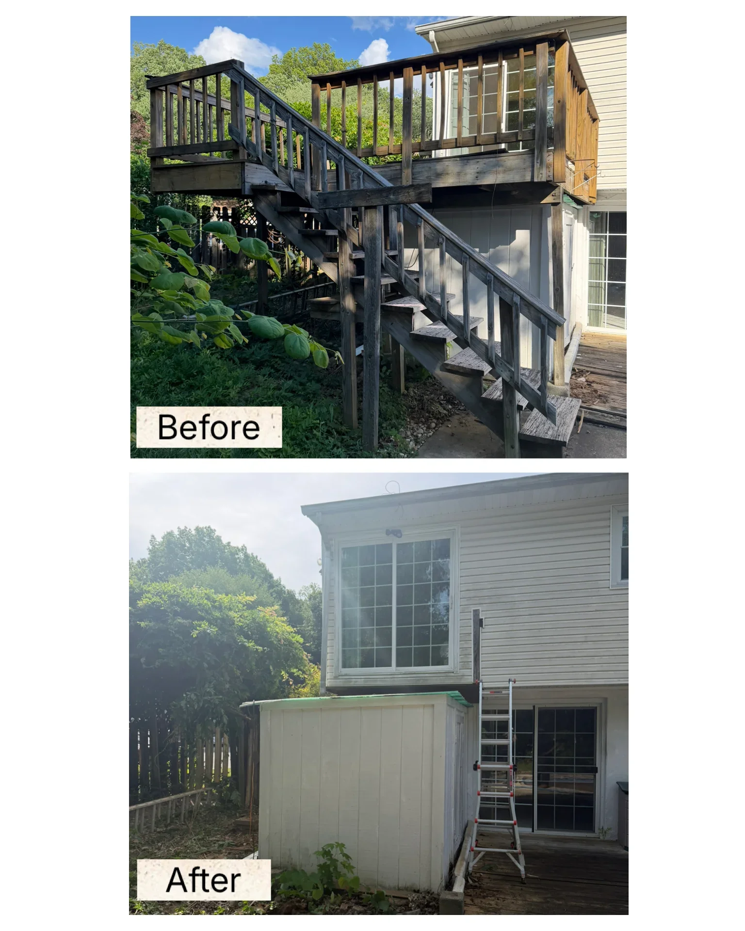 Before and after deck demolition showing removal of wooden structure with railings and stairs