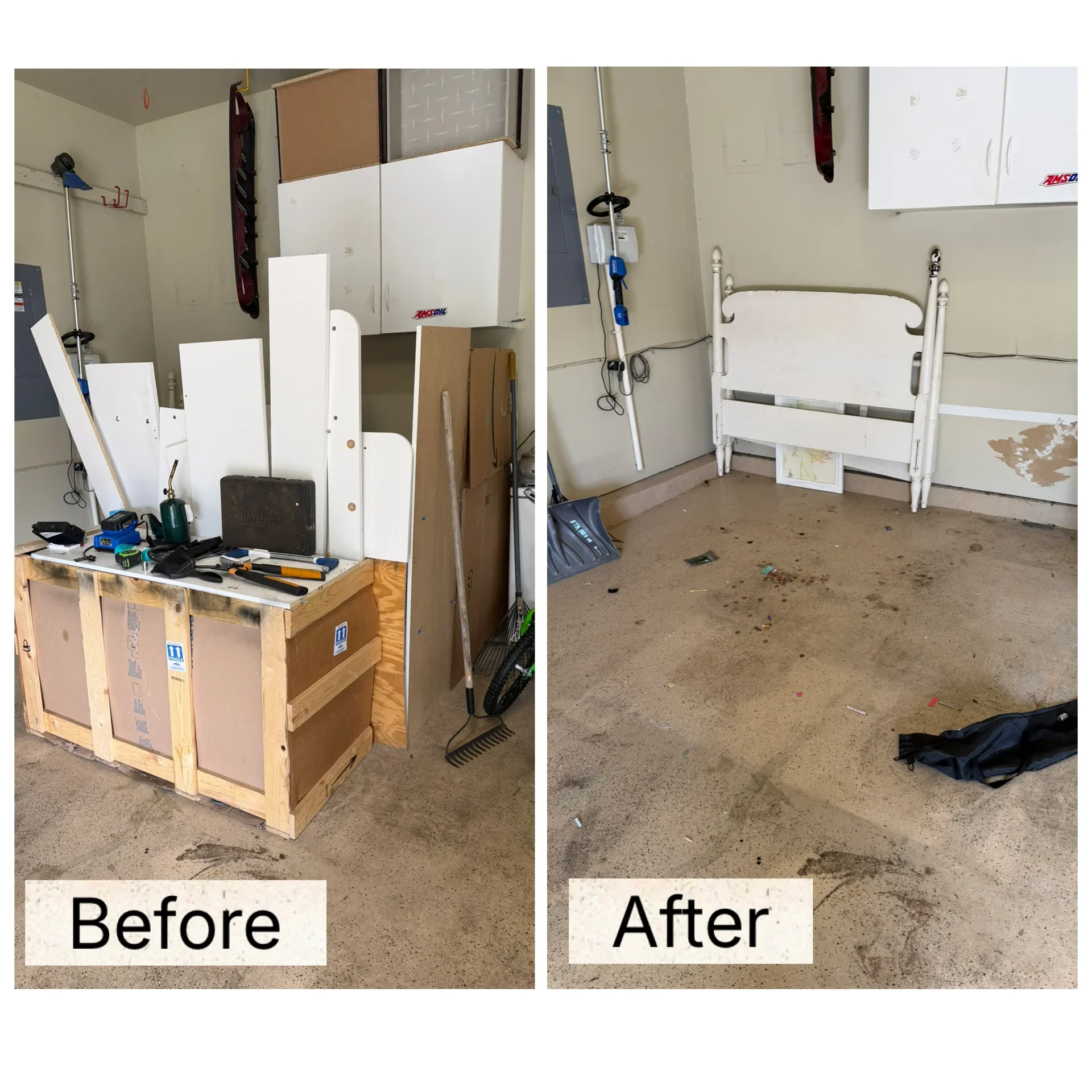 Garage cleanout removing wooden crates, cabinets, and tools from concrete floor space