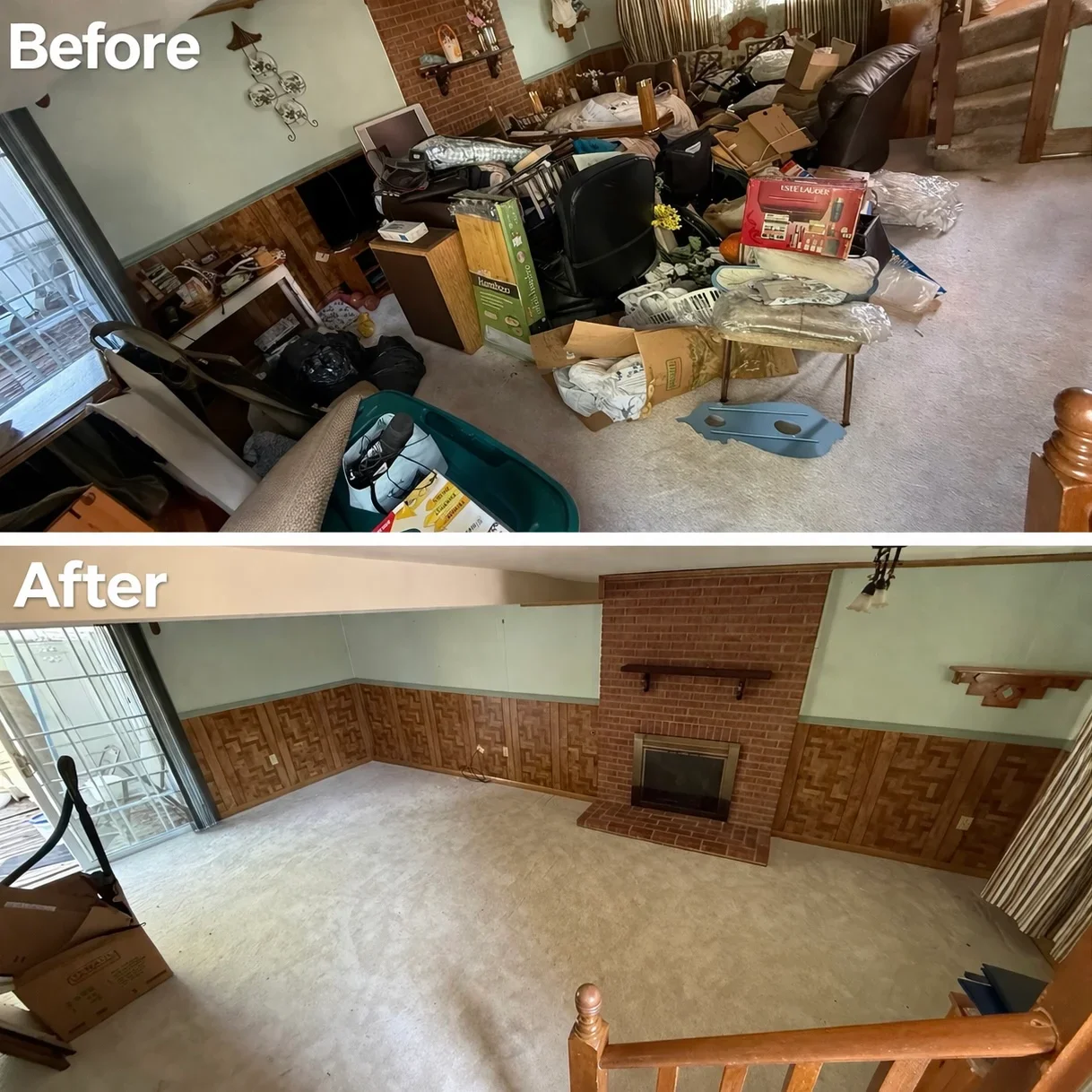 Before and after basement cleanout showing removal of boxes, furniture, and clutter from finished space with brick fireplace