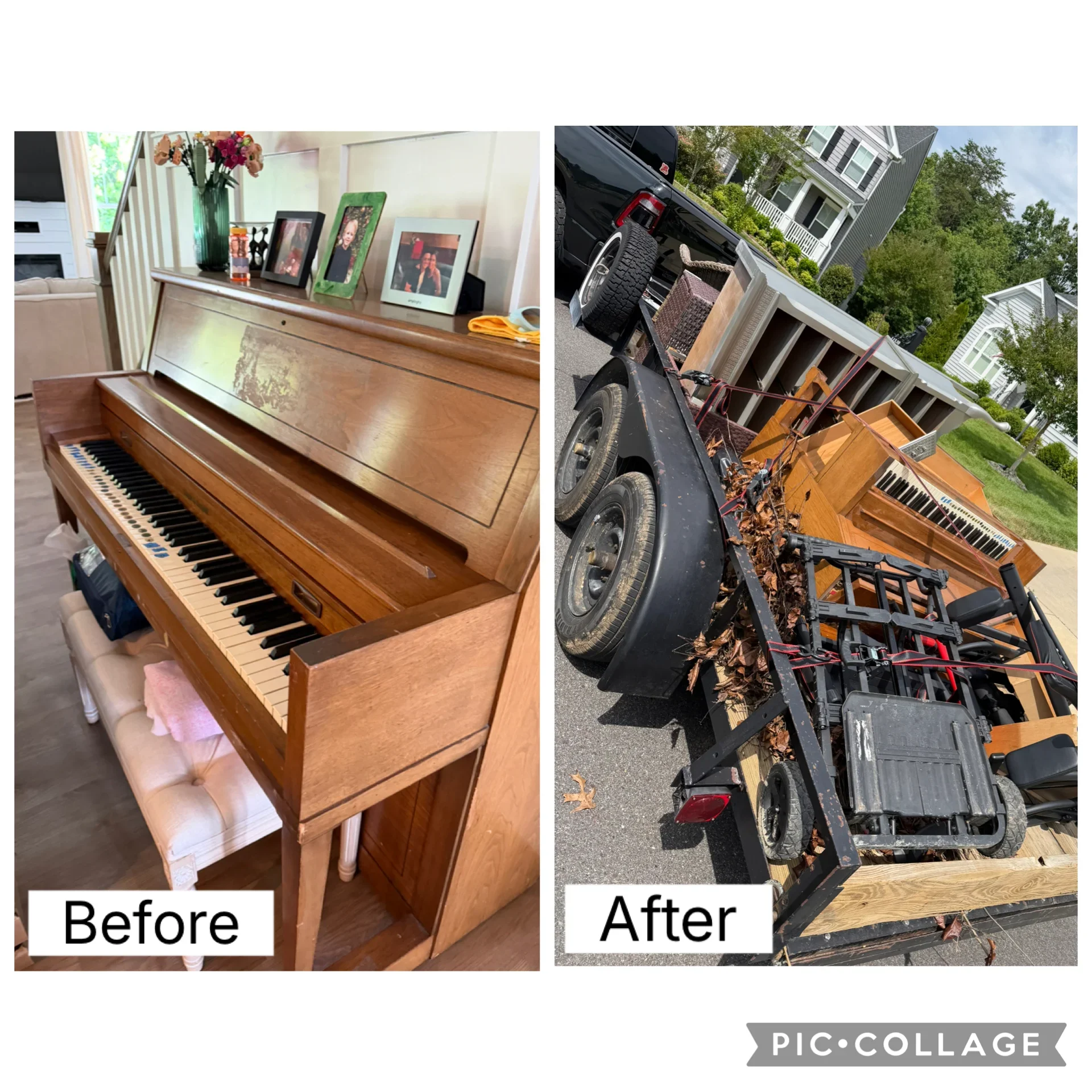 Wooden upright piano loaded onto removal trailer with black tarp covering