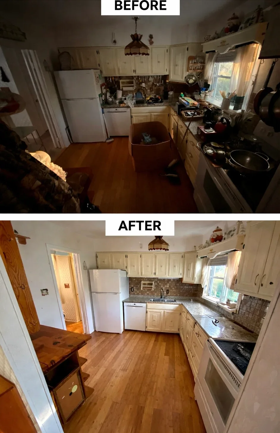 Kitchen before and after cleanout showing removal of clutter, debris, and miscellaneous items from counters and floor