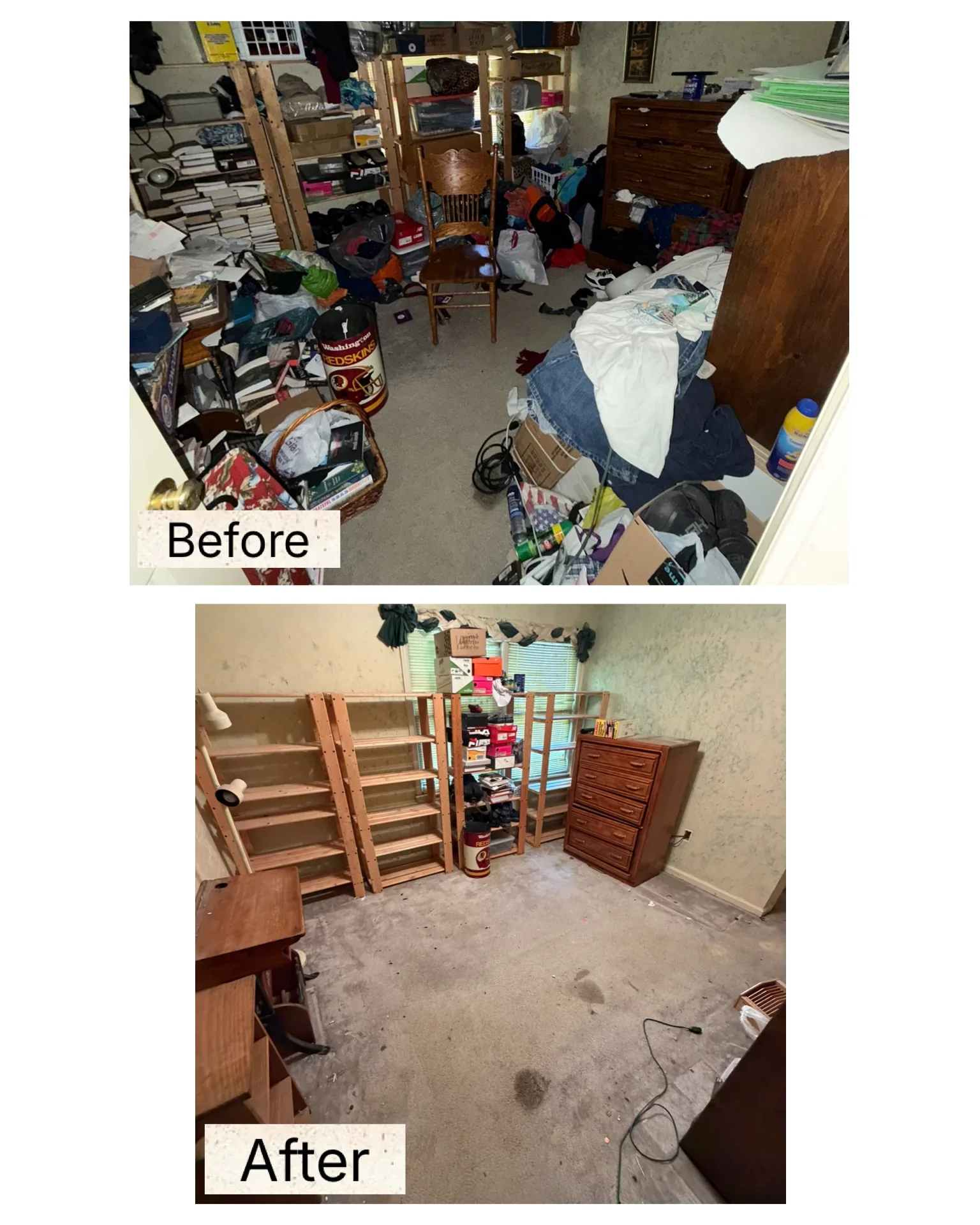 Before and after bedroom cleanout showing removal of clutter, clothing, and boxes from carpeted floor