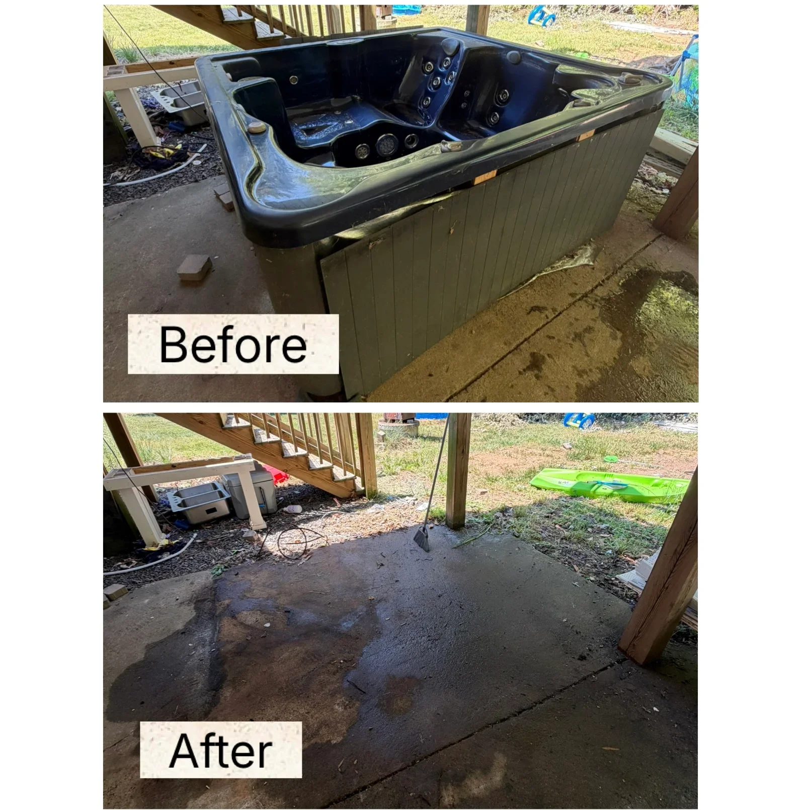 Before and after hot tub removal showing fiberglass spa unit removed from under deck with cleared concrete area