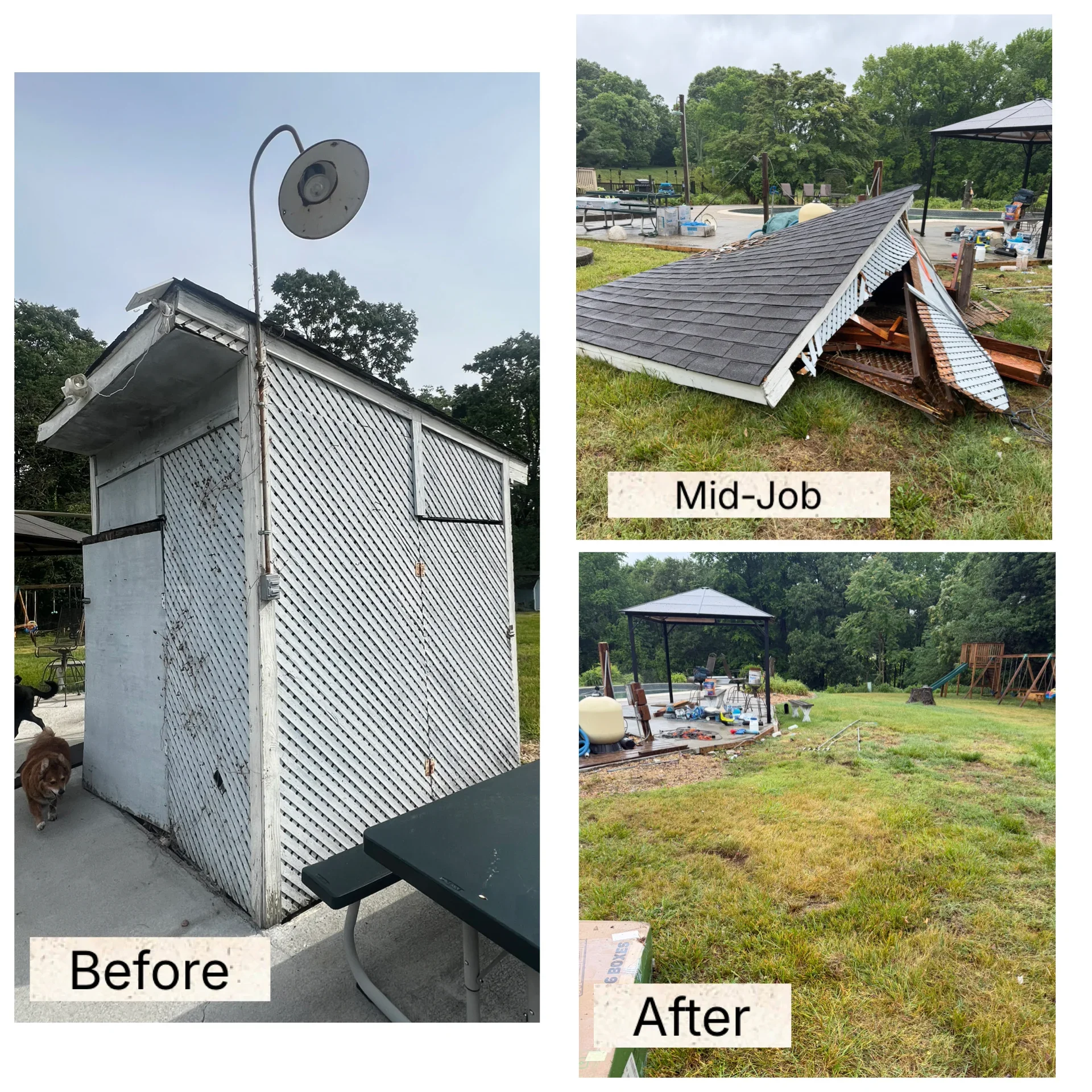 Before and after demolition of metal-sided outbuilding with corrugated roof removal and site clearance