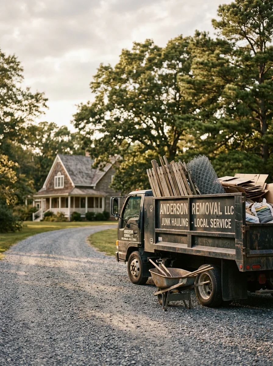 Junk removal truck parked on long driveway of Caroline County rural home with mature trees and open yard