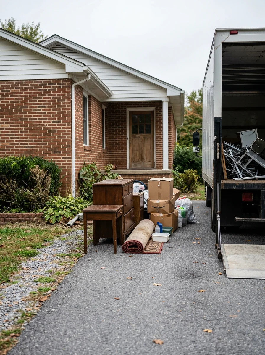 Junk removal crew loading furniture and household items from Chancellor home into removal truck