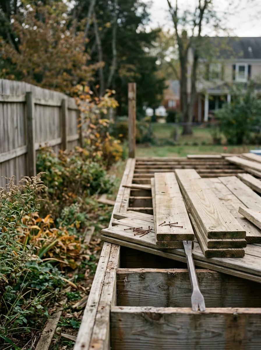Deck demolition and removal project showing old wooden deck structure being dismantled in Culpeper backyard