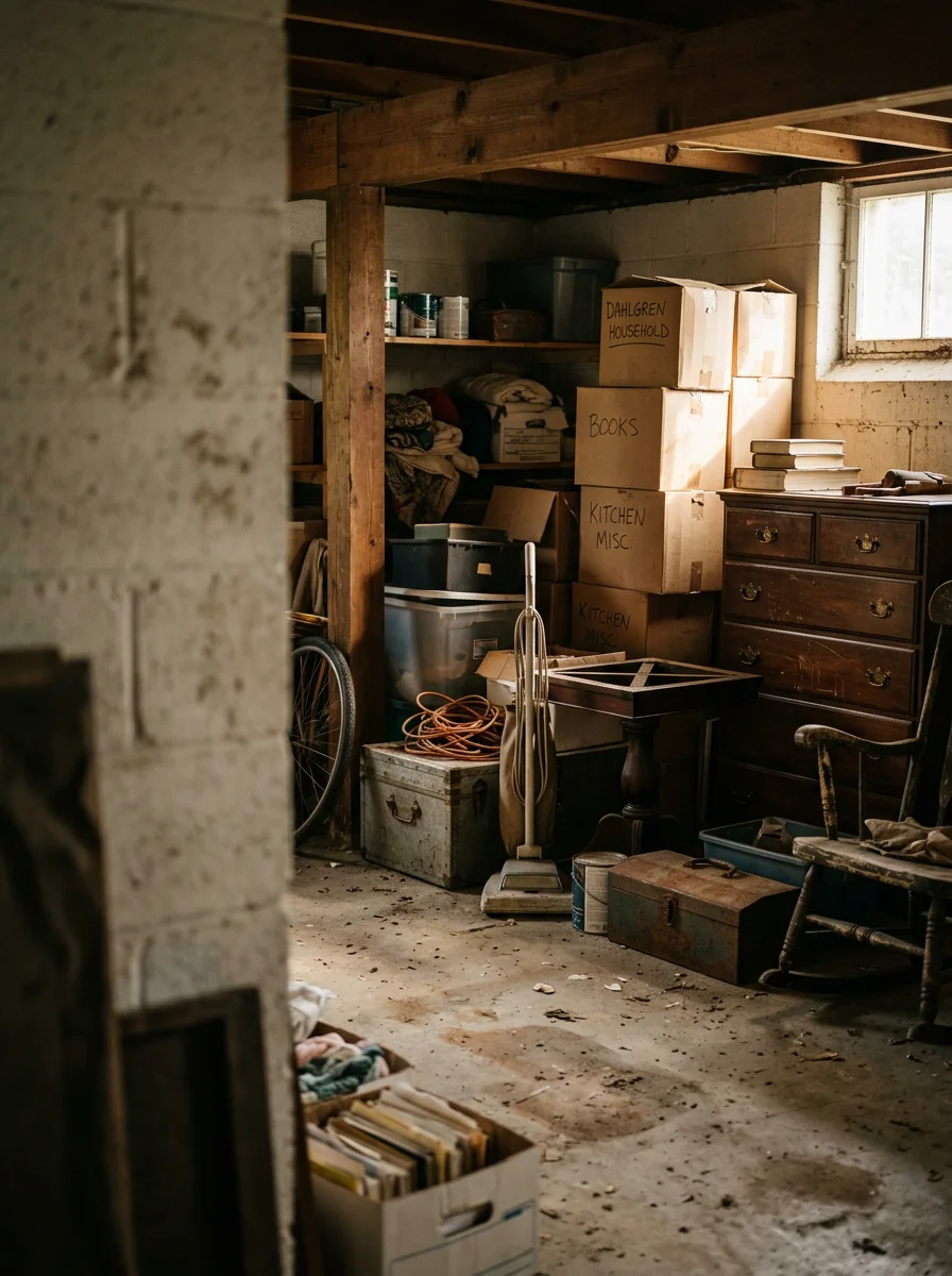 Basement storage area in older Dahlgren home showing accumulated boxes and furniture typical of riverside properties
