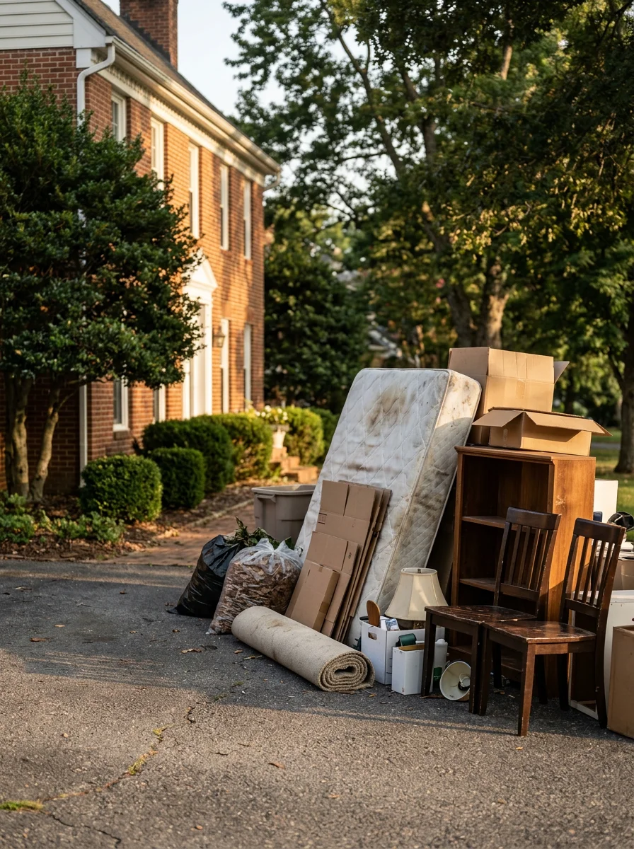 Pile of household items, an old mattress, and yard debris staged in the driveway of a Falmouth, Virginia home awaiting removal.
