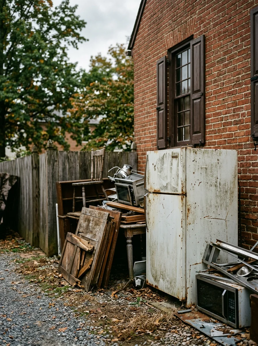 Close-up of old appliances and household items staged on a narrow side yard beside a historic Fredericksburg home awaiting removal.