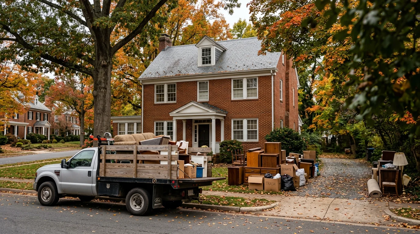 Junk removal crew loading furniture and boxes from the front of a pre-1950 brick home on a tree-lined street in Fredericksburg, Virginia.