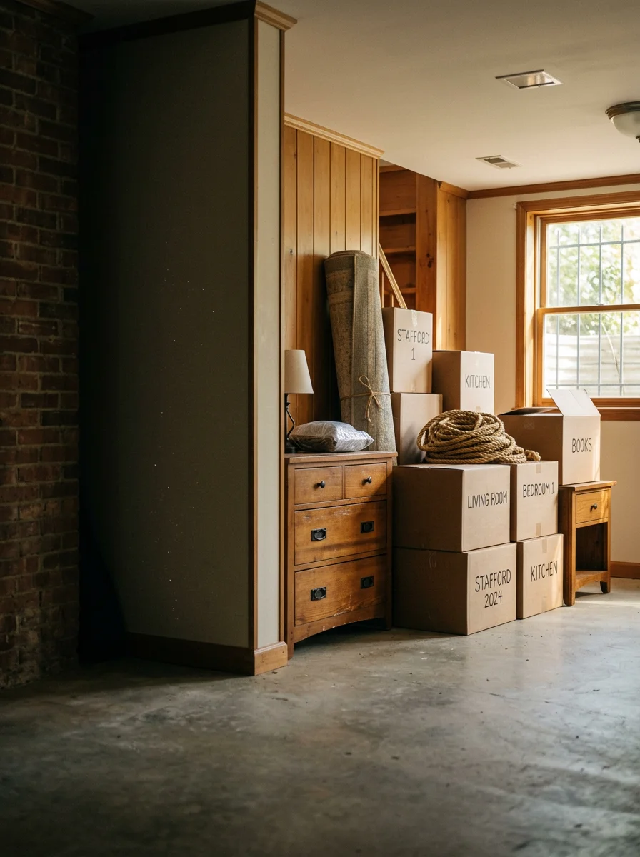 Basement storage area in a Garrisonville colonial home with boxes and furniture ready for removal
