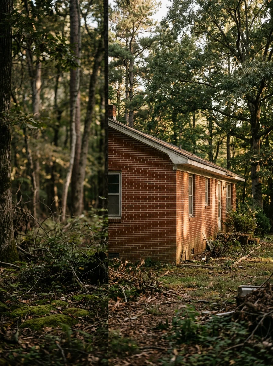 Historic brick ranch-style home in Hartwood surrounded by dense Virginia woodland