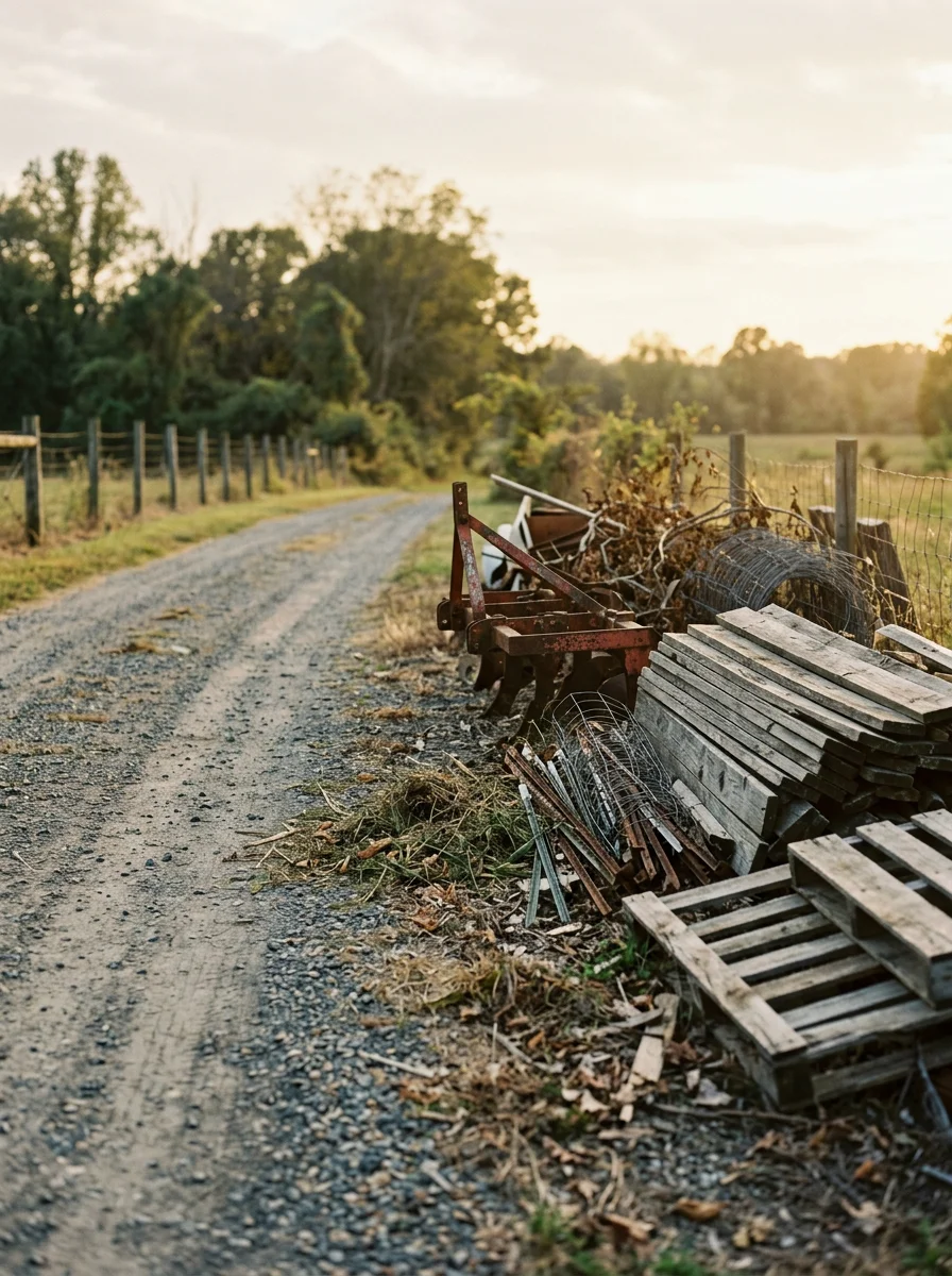 Pile of old farm equipment, lumber, and yard debris staged on a gravel driveway on a King George County acreage property awaiting haul-away.