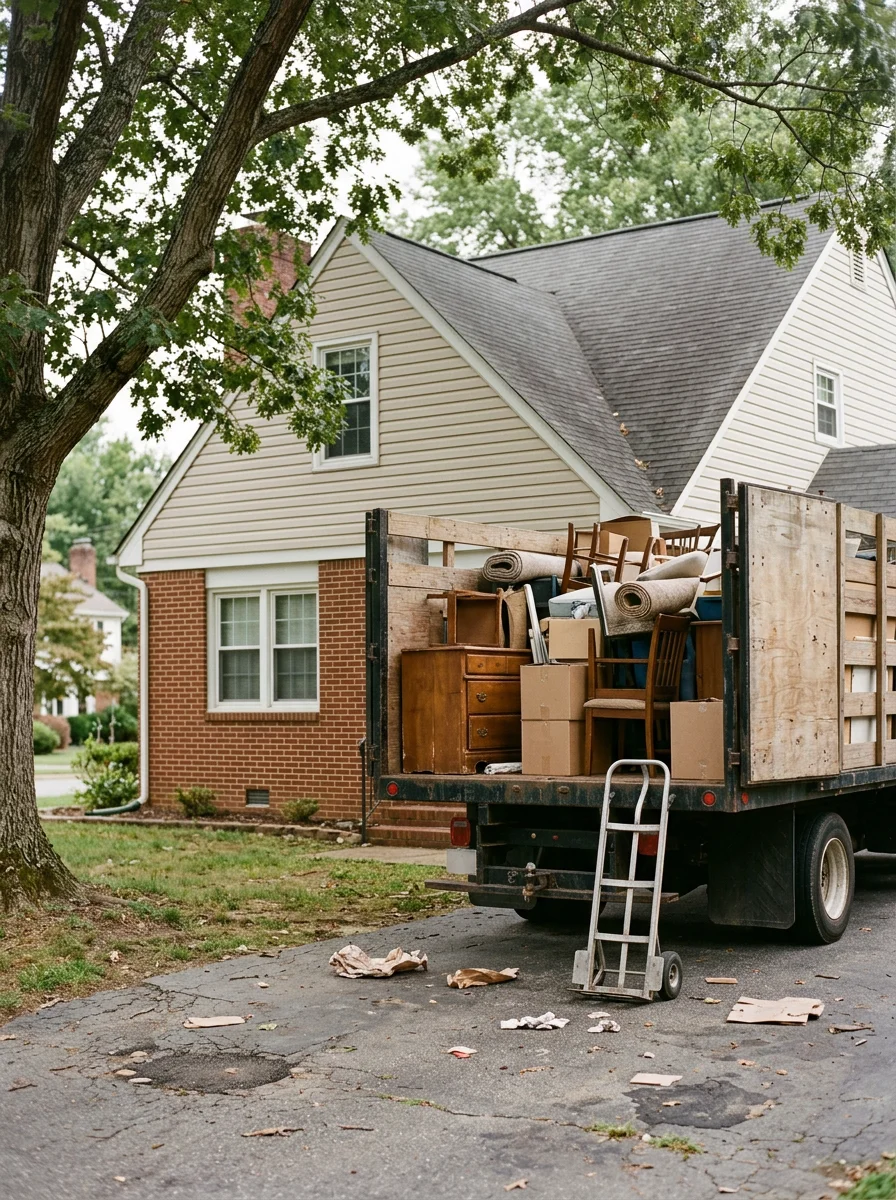 Junk removal truck loading furniture and household items from a Massaponax home driveway