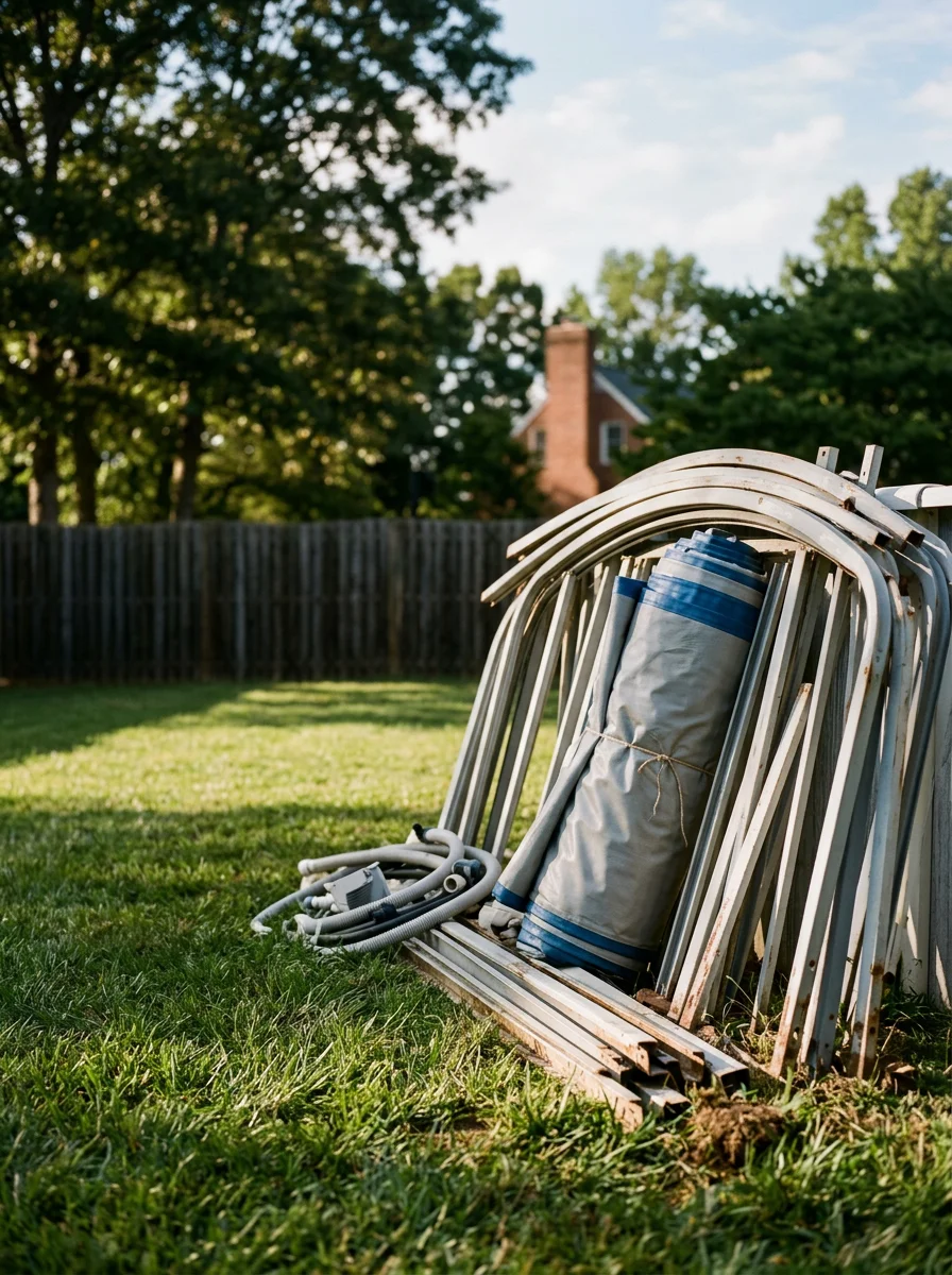 Disassembled above-ground pool frame and liner staged on a grass backyard in a Spotsylvania County neighborhood awaiting haul-away.