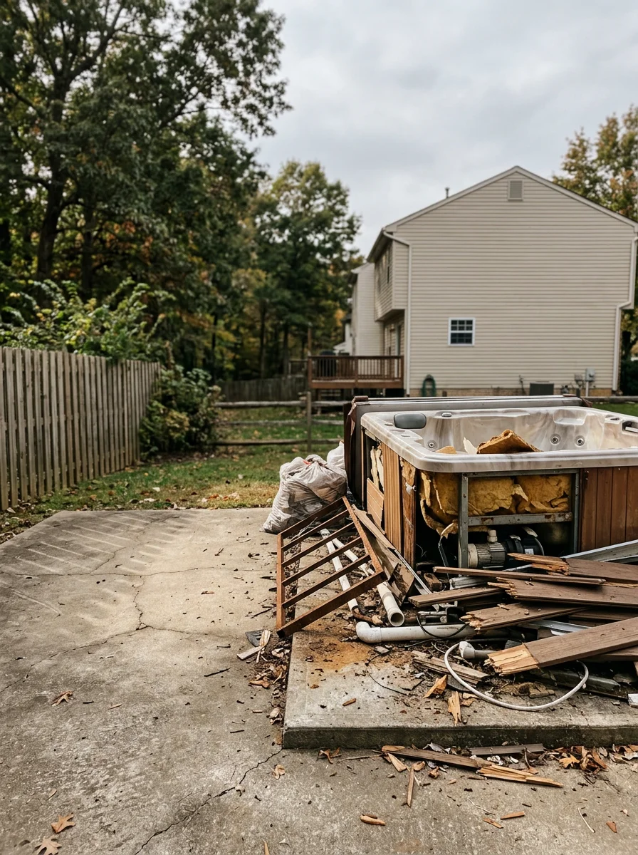 Old hot tub and deck debris staged on a backyard patio in a Stafford County neighborhood ready for removal and haul-away.