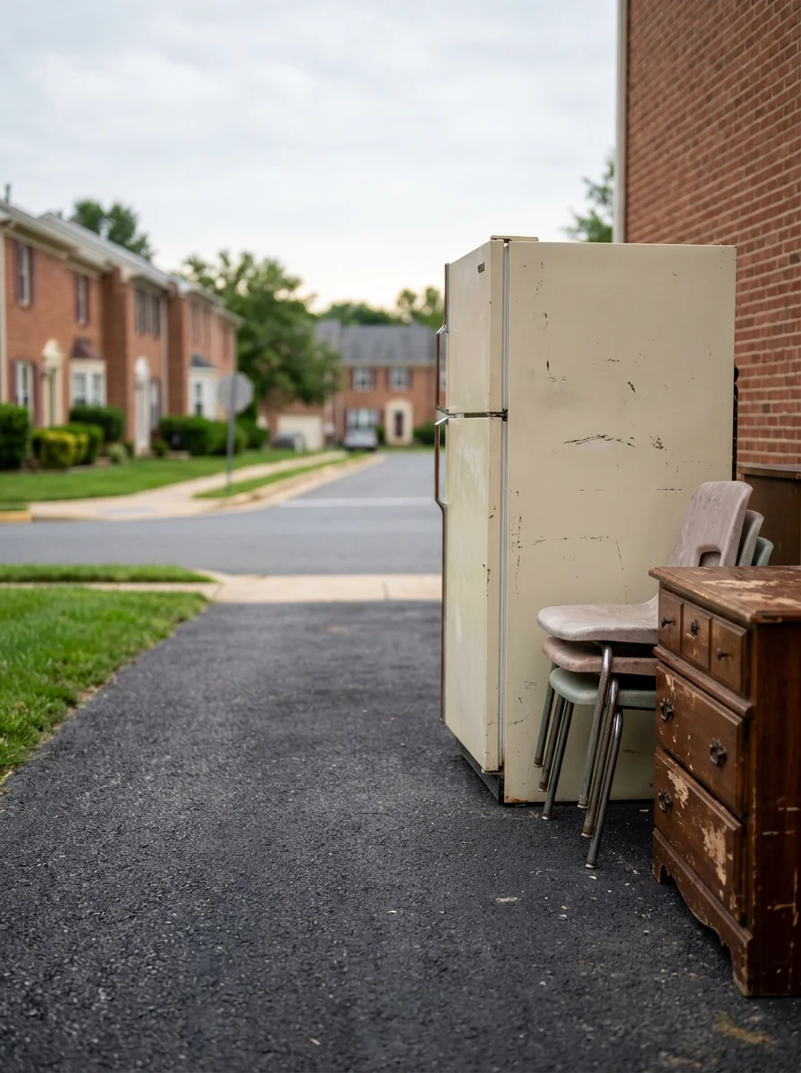 Old appliances and furniture staged at the end of a short driveway in a Stafford townhouse community awaiting removal and haul-away.