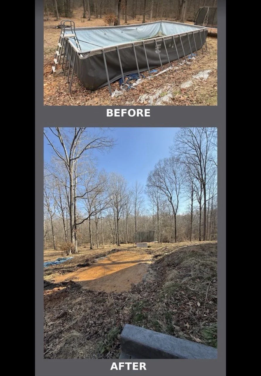 An above-ground pool fully dismantled and removed from a residential backyard in Fredericksburg, VA, with the cleared ground left level and debris-free. The surrounding lawn is intact and ready for the homeowner's next use of the space.