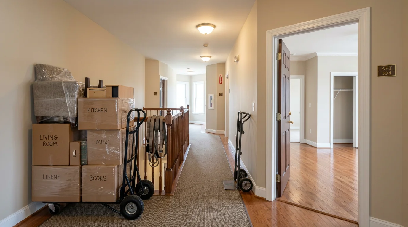 A cleared apartment unit in Fredericksburg, VA with empty rooms and no remaining furniture or debris after a professional cleanout. Anderson Removal LLC truck visible outside the building entrance.