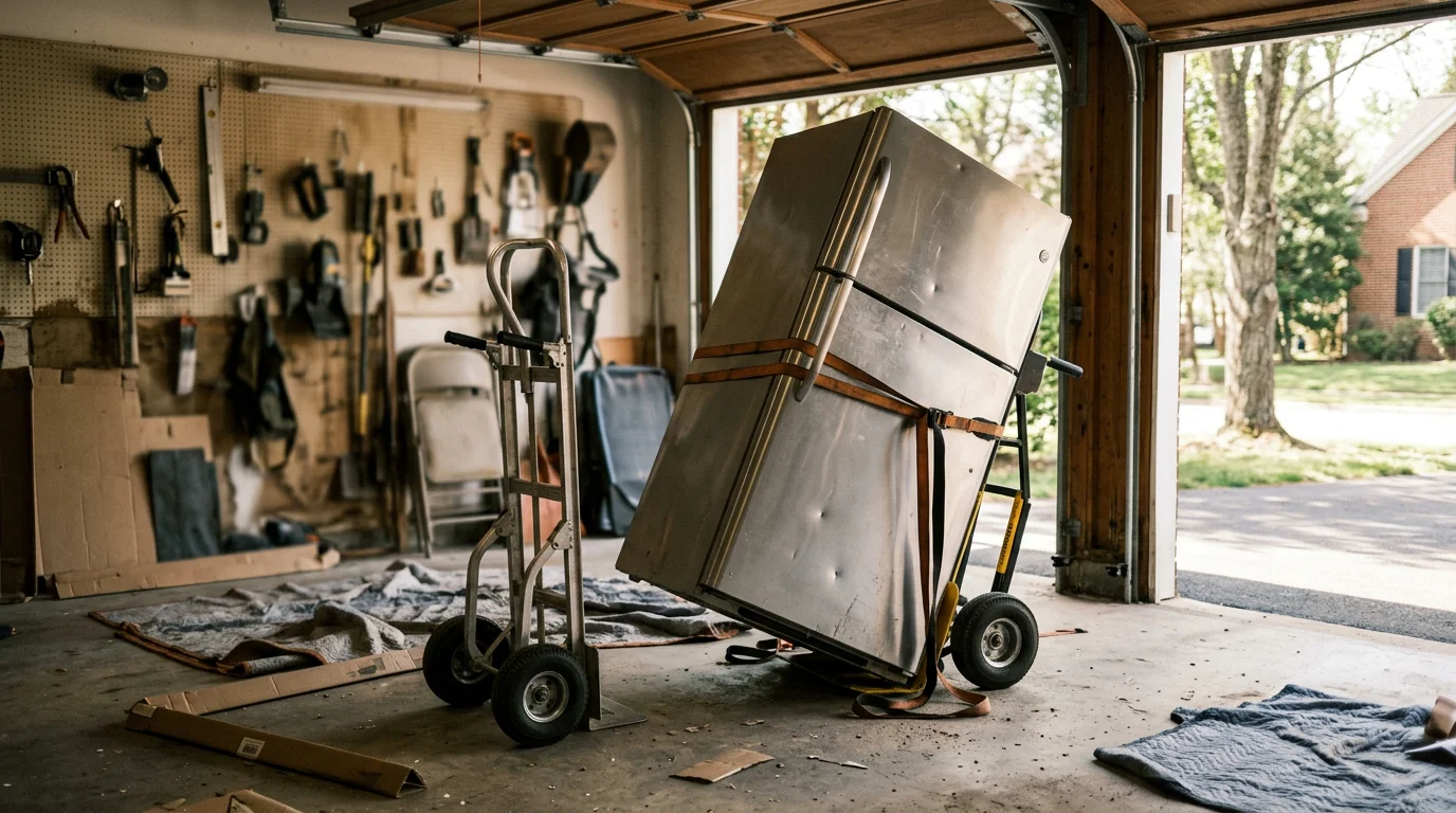 An old refrigerator and washing machine being loaded onto a removal truck outside a residential home in Fredericksburg, Virginia. The appliances are staged in the driveway ready for haul-away by Anderson Removal LLC.
