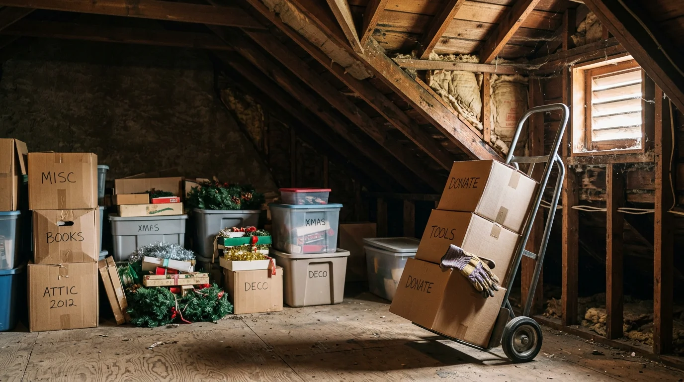 A cleared residential attic in Fredericksburg, VA with empty floor space and open storage area after a professional attic cleanout. An Anderson Removal LLC truck is visible in the driveway below through the attic vent window.