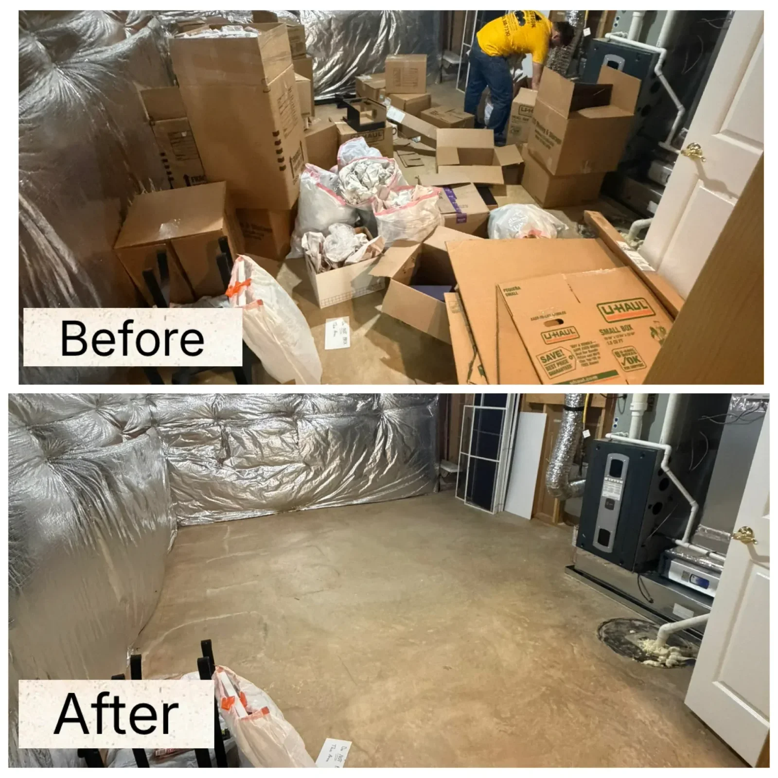 A cleared basement interior in a Fredericksburg, VA home after a full cleanout, with bare floors and empty walls where stacked boxes and old furniture once filled the space. Anderson Removal LLC hauled out the contents, leaving the area open and ready for its next use.