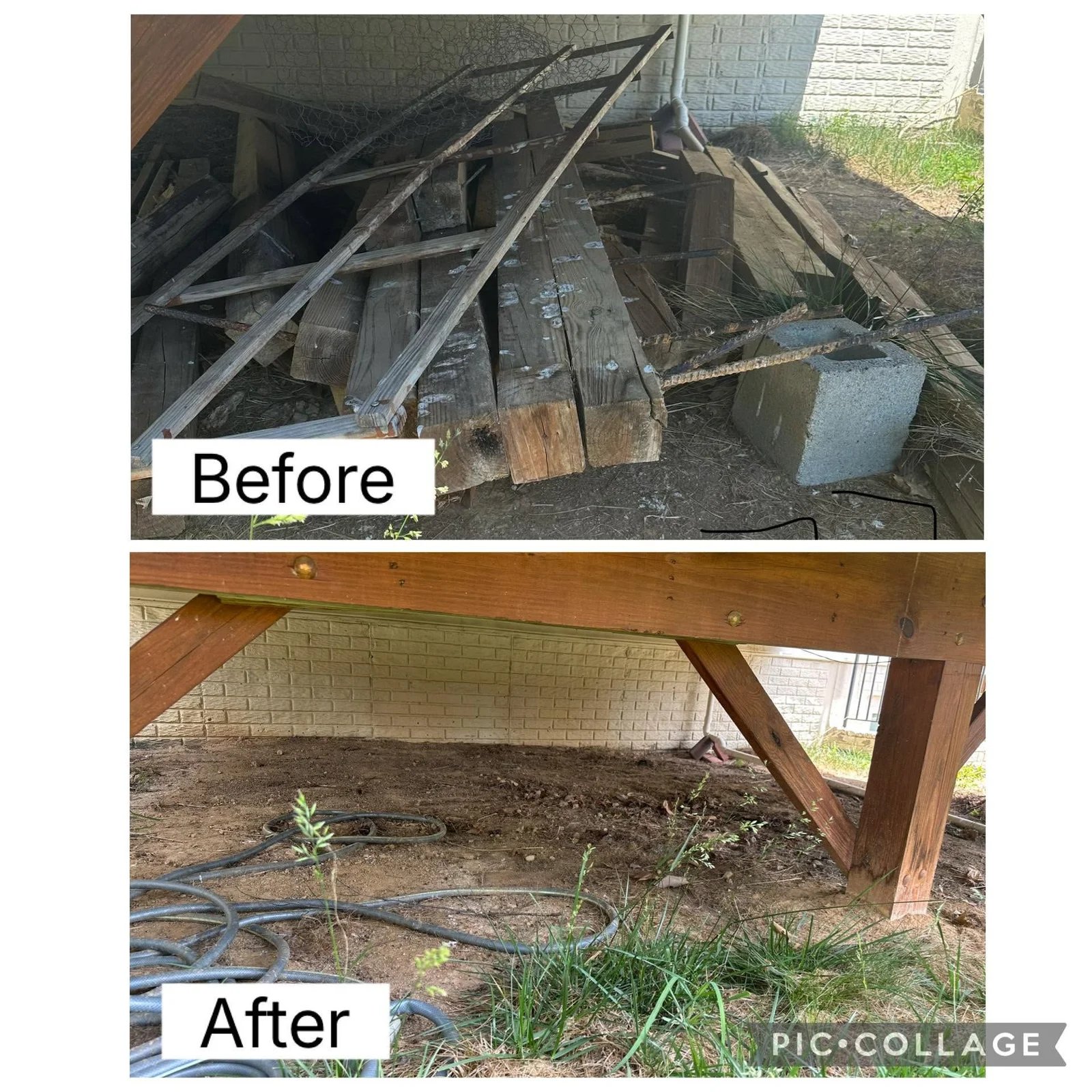 A cleared residential backyard in Fredericksburg, VA after a rotting wood deck has been fully demolished and removed. The home's exterior is intact and the yard is free of debris.