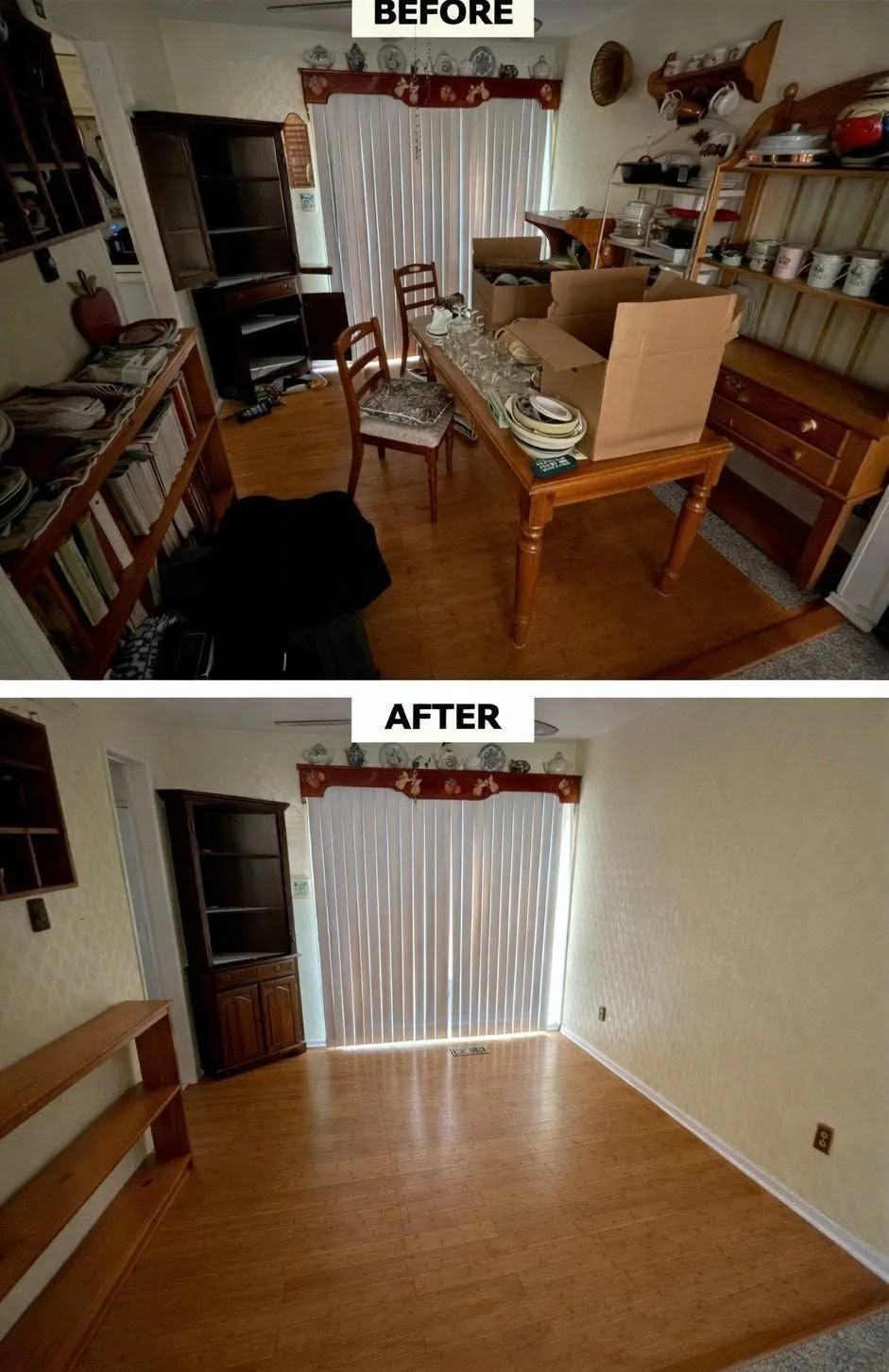 A cleared residential living room in a Fredericksburg, VA home after an estate cleanout, with furniture and household items removed and the space left empty and clean. Anderson Removal LLC crew loading bulky estate items from a rural property in the Fredericksburg area onto a removal truck.