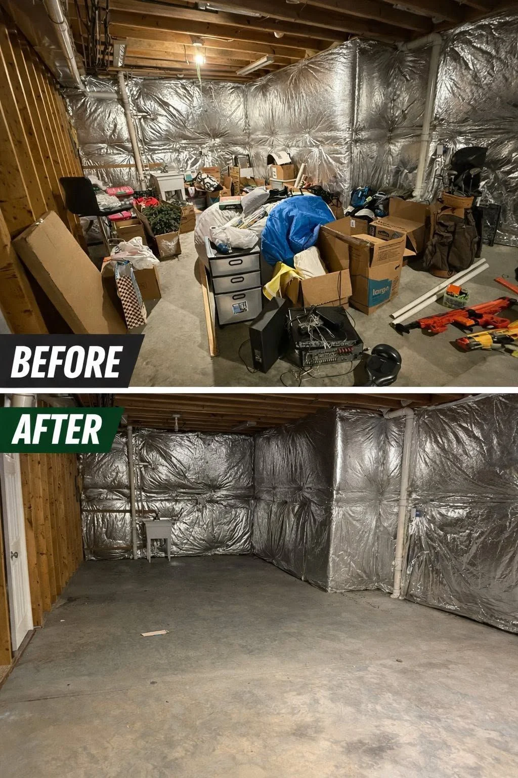 A cleared residential garage in Fredericksburg, VA after junk removal, with empty floor space where boxes, old tools, and miscellaneous clutter had been piled. An Anderson Removal LLC truck is visible in the driveway after loading.