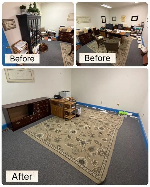 A cleared commercial office space in Fredericksburg, VA after a full cleanout, with empty floors and no remaining furniture or debris. Anderson Removal LLC office cleanout service result in a multi-tenant office building.