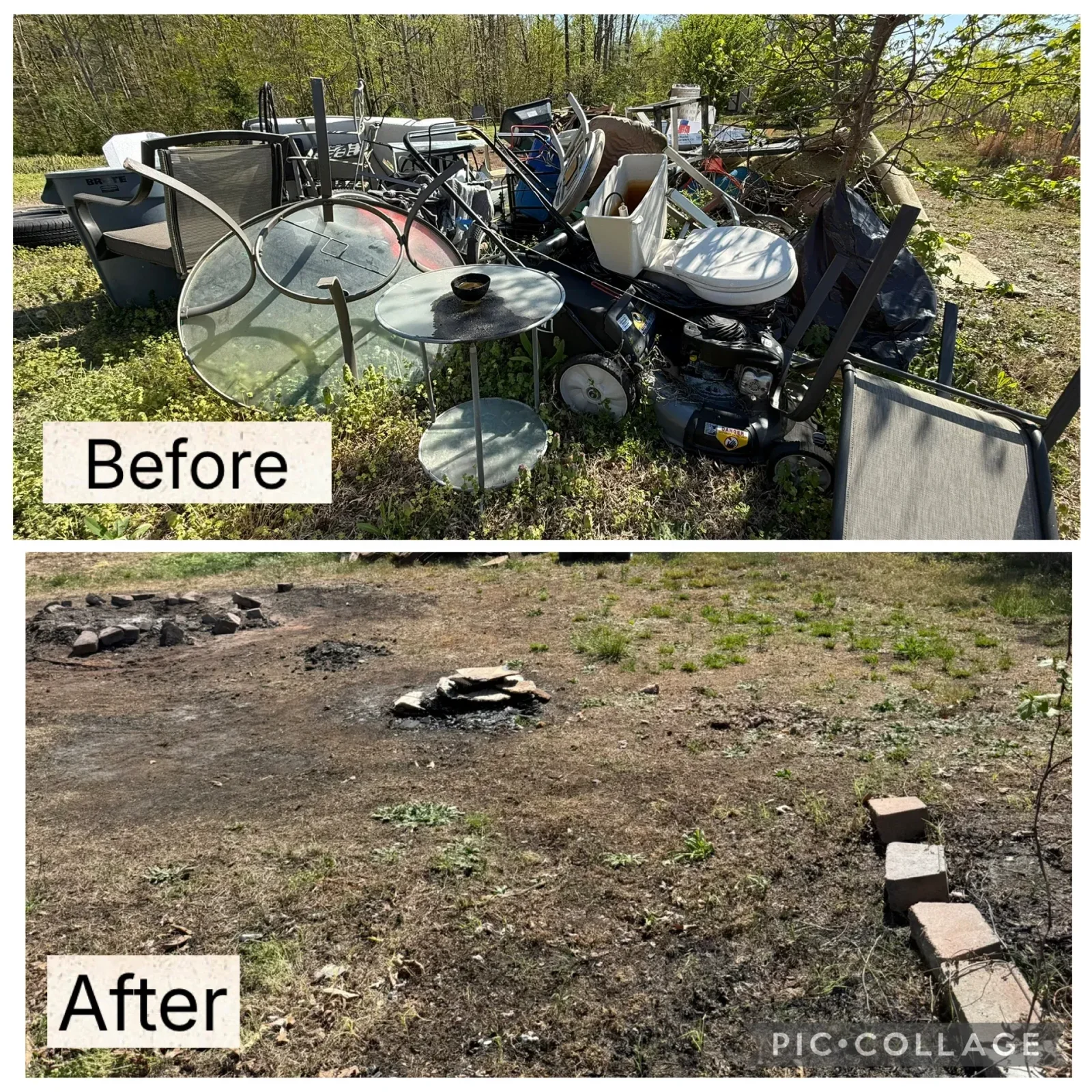 A cleared residential property in Fredericksburg, VA after a full property cleanout, with an empty garage and open yard free of furniture, debris, and clutter. Anderson Removal LLC truck visible in the driveway after completing the job.